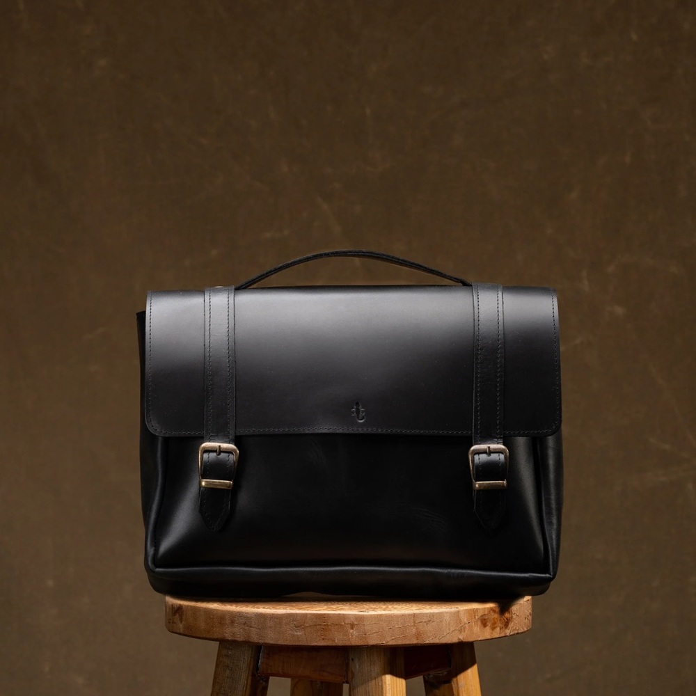 Convertible Black Leather Laptop Satchel with Buckle Straps